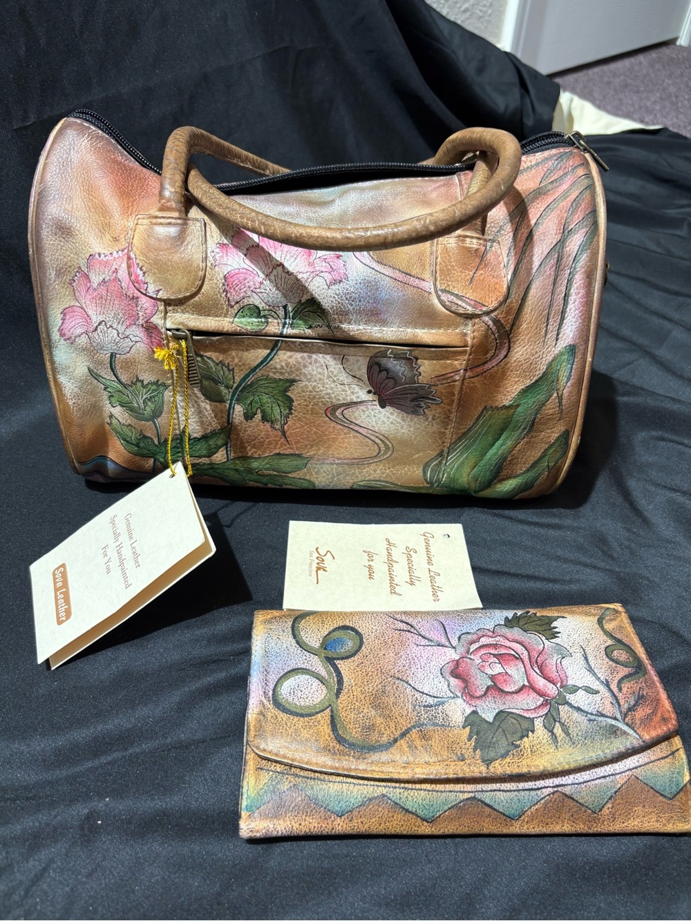 Hand-Painted Floral Leather Satchel and Wallet – Brown & Pink